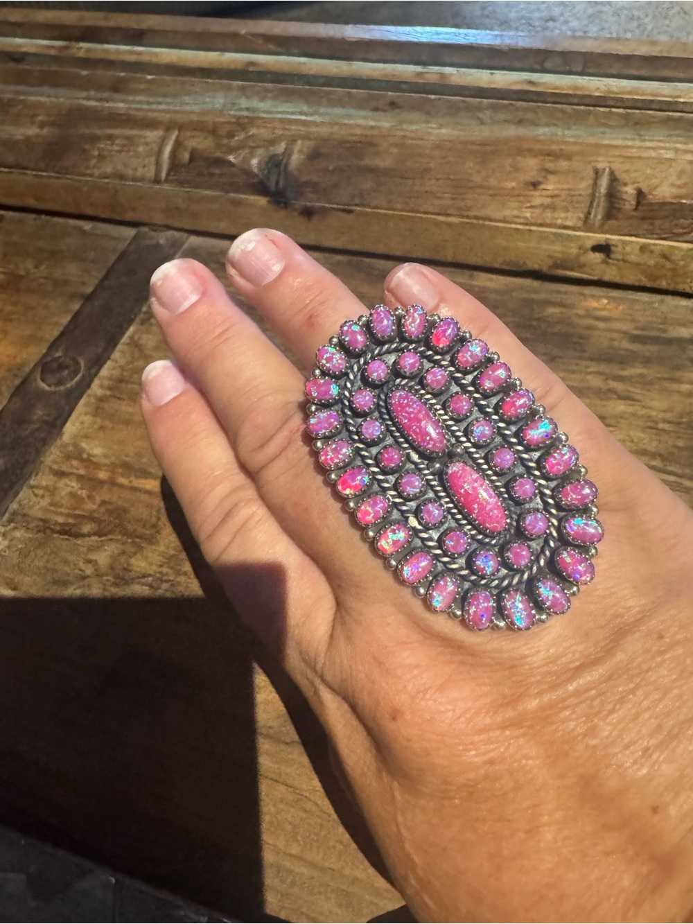 Hot Pink opal oval concho cluster large statement Sterling silver ring - Picture 6 of 9